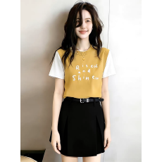 批发假两件绿色圆领印花字母短袖针织<b class='q'>女</b>士宽松短款正肩小上衣2026春夏