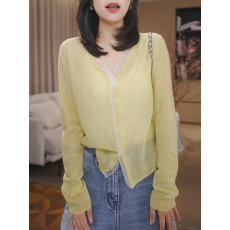 批发竹节麻黄色<b class='q'>针织</b><b class='q'>开衫</b>女2026新款早春V领毛衣外搭慵懒宽松长袖上衣