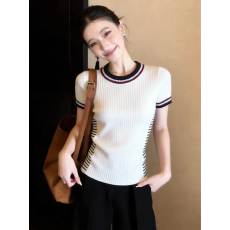 批发外贸专柜出口女装撞色条纹针织衫女春夏款修身显瘦短袖别致上衣