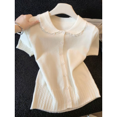 批发2026春夏短款小个子针织上衣女蕾丝花边翻领正肩<b class='q'>短袖</b><b class='q'>T</b><b class='q'>恤</b>