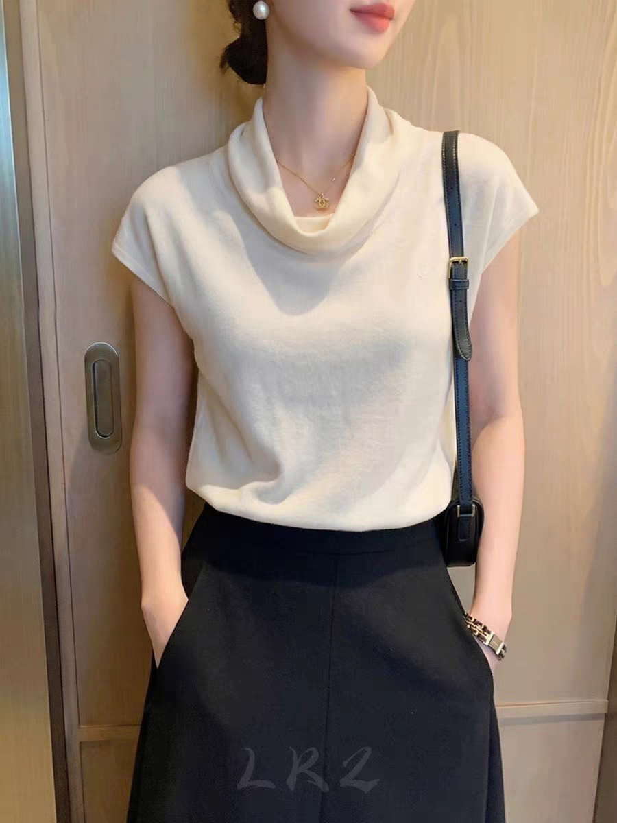 프랑스식 고급 센스 베이지 색 말뚝 더미 칼라 몸매 가꾸기 티셔츠 미니멀리즘 품격 출퇴근 반팔 니트 슬림해 보이는 맨위