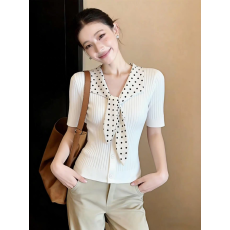 批发白色波点系带领短袖针织<b class='q'>开衫</b>女装2026新款夏季设计感独特漂亮上衣