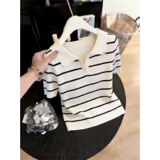 韩版时尚条纹拼接翻领短袖T恤女2026夏季新款超好看减龄穿搭上衣