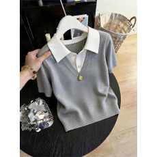 设计感假两件V领短袖针织衫女士灰色撞色宽松显瘦休闲T恤洋气上衣