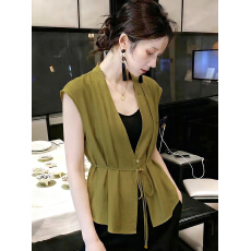 批发气质V领绿色短袖衬衫夏季新款法式高级感系带收腰独特<b class='q'>上衣</b>