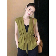 批发气质V领绿色短袖衬衫夏季新款法式高级感系带收腰独特<b class='q'>上衣</b>