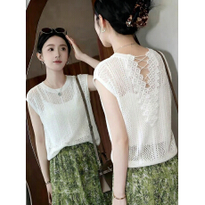 批发夏季时尚洋气圆领女装短袖韩版后背镂空钩花显瘦针织衫罩衫潮