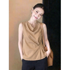 批发时尚超好看卡其色圆领无袖衬衫女夏季超人气休闲潮流减龄轻薄上衣
