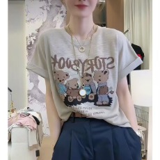 批发洋气减龄印花短袖针织衫女早秋韩系小众百搭正肩T恤时尚宽松上衣