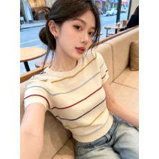 批发韩系甜美学院风杏色圆领<b class='q'>条纹</b>短袖针织衫女春夏季穿搭内搭打底上衣