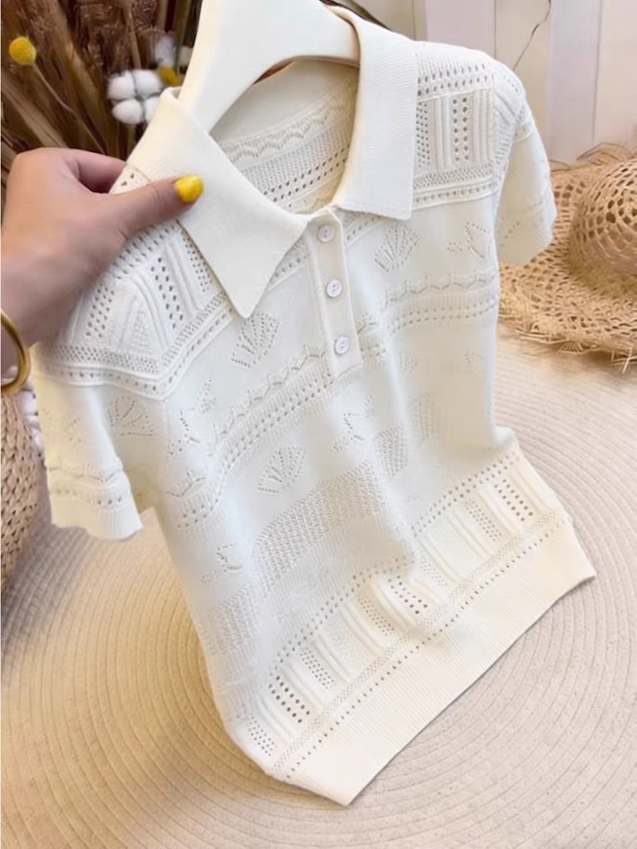 프랑스식 섬 자수 홀로우 아웃 POLO 칼라 니트 스웨터 반팔 여성 디자인 센스 슬림해 보이는 품격 통기성 민소매 조끼
