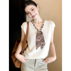 批发路子熙法式浪漫风V领<b class='q'>短袖</b>针织衫女白色飘带宽松上衣内搭法式风