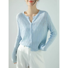 批发设计感镂空<b class='q'>针织</b>开衫女春夏季新款圆领长袖薄款上衣外套罩衫黄色