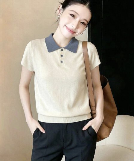 베이지 색 패션 배색 폴로 칼라 짧은 소매 위버 여름 새로운 느긋한 느슨함 센스 품격 맨위