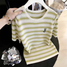 批发<b class='q'>夏</b>装新款韩版宽松显瘦镂空条纹冰丝针织衫短袖百搭减龄T恤上衣女