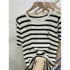 批发<b class='q'>夏</b>装新款韩版宽松显瘦镂空条纹冰丝针织衫短袖百搭减龄T恤上衣女