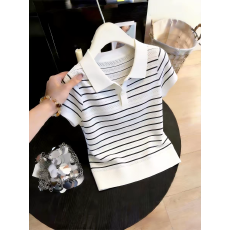 批发2026<b class='q'>夏</b>季新款女士时尚通勤百搭条纹短袖针织衫洋气减龄plo领上衣