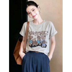批发洋气减龄印花短袖针织衫女早秋韩系小众百搭正肩T恤时尚宽松上衣