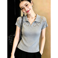 批发巨好看独特绝美灰色高级感Polo衫针织T恤女<b class='q'>镂空</b>短袖显瘦冰丝上衣