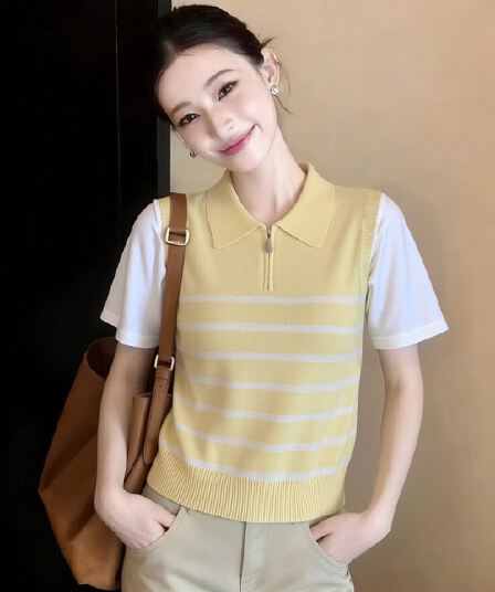 한 부서 배색 페이크 레이어드 니트 스웨터 여성 여름 섹션 학원 스타일 하프 지퍼 반팔 POLO 셔츠 디자인 센스 맨위