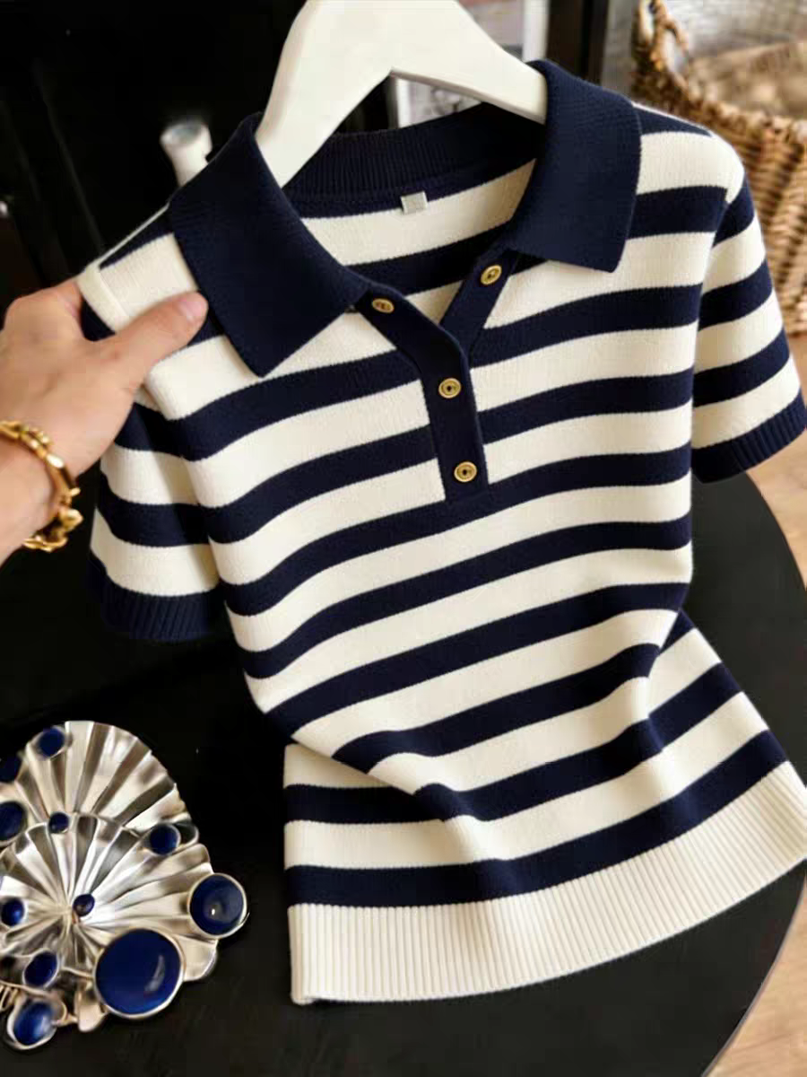 표지 배 스트라이프 POLO 칼라 얼음 실크 짧은 소매 위버 봄 여름 얇은 스타일 트렌드 티셔츠 루즈핏 맨위