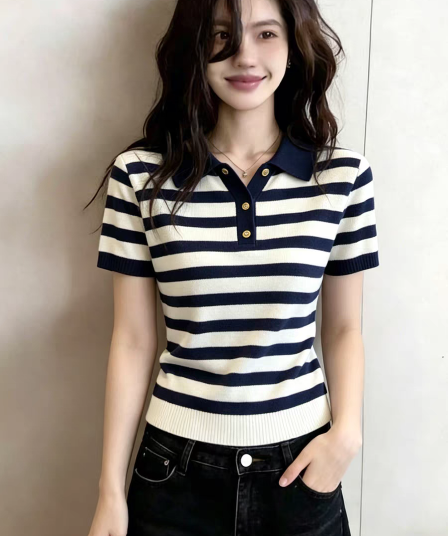 표지 배 스트라이프 POLO 칼라 얼음 실크 짧은 소매 위버 봄 여름 얇은 스타일 트렌드 티셔츠 루즈핏 맨위