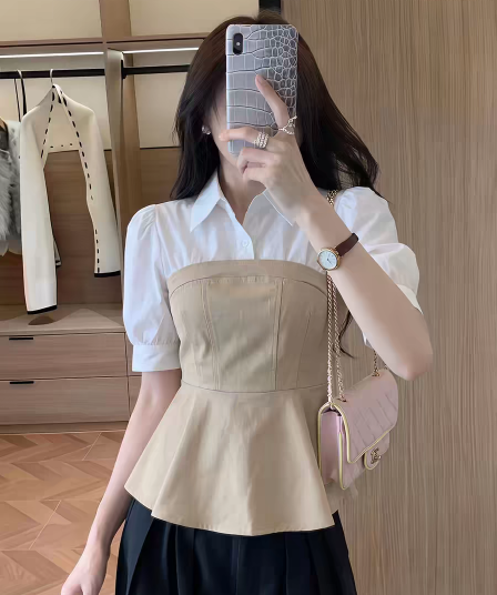 프랑스식 바람 거품 소매 페이크 레이어드 허리 수축 반팔 여성 셔츠 2026 여름 연령 감소 다용도 슬림해 보이는 폴로 칼라 맨위