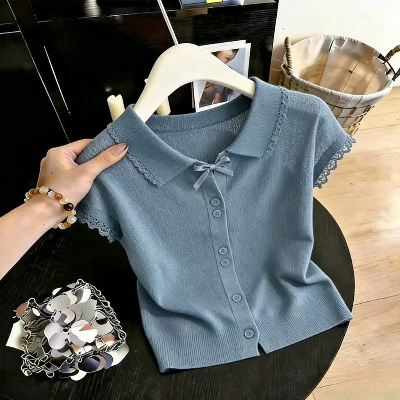달콤함 배색 폴로 칼라 반팔 니트 스웨터 여성 여름 2026 단추 오픈 가디건 고유 한 Chic 작은 대중 맨위 새로운