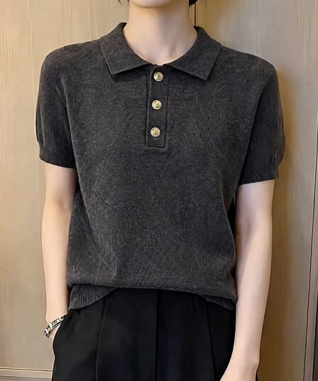 유럽 상품 고급 회색 POLO 칼라 반팔 티셔츠 여성 2026 여름 새로운 고급 미니멀리즘 다용도 슬림해 보이는 맨위