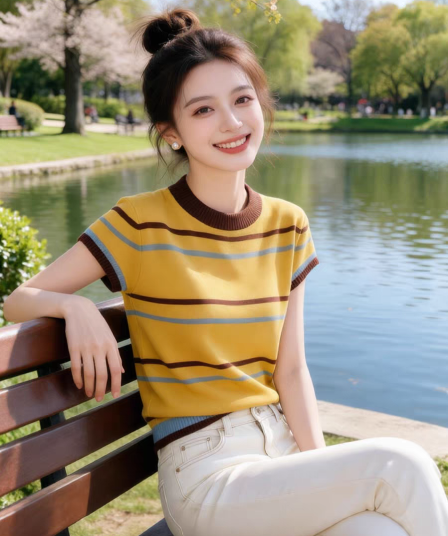 한 부서 황색 브라운 라운드 넥 배색 스트라이프 반팔 티셔츠 여성 2026 여름 품격 출퇴근 고급 센스 캐주얼 맨위