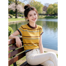 批发韩系黄棕圆领撞色条纹短袖T恤女2026<b class='q'>夏</b>季气质通勤高级感休闲上衣