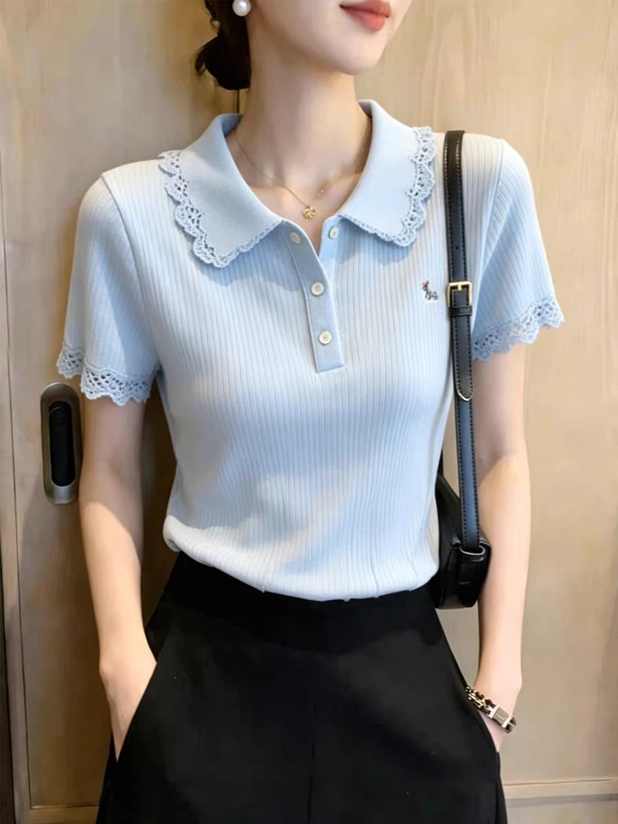 올해 인기 부드러운 레이스 측면 POLO 칼라 자수 얼음 실크 반팔 티셔츠 여성 여름 새로운 슬림해 보이는 니트 스웨터