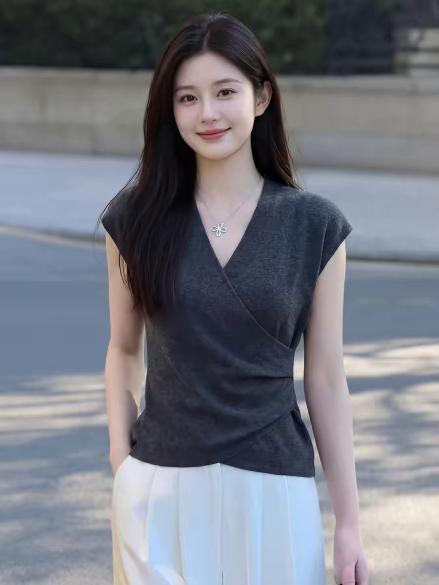 바이 지아 좋은 회색 십자가 V넥 허리 수축 니트 스웨터 여성 여름 디자인 센스 민소매 맨위