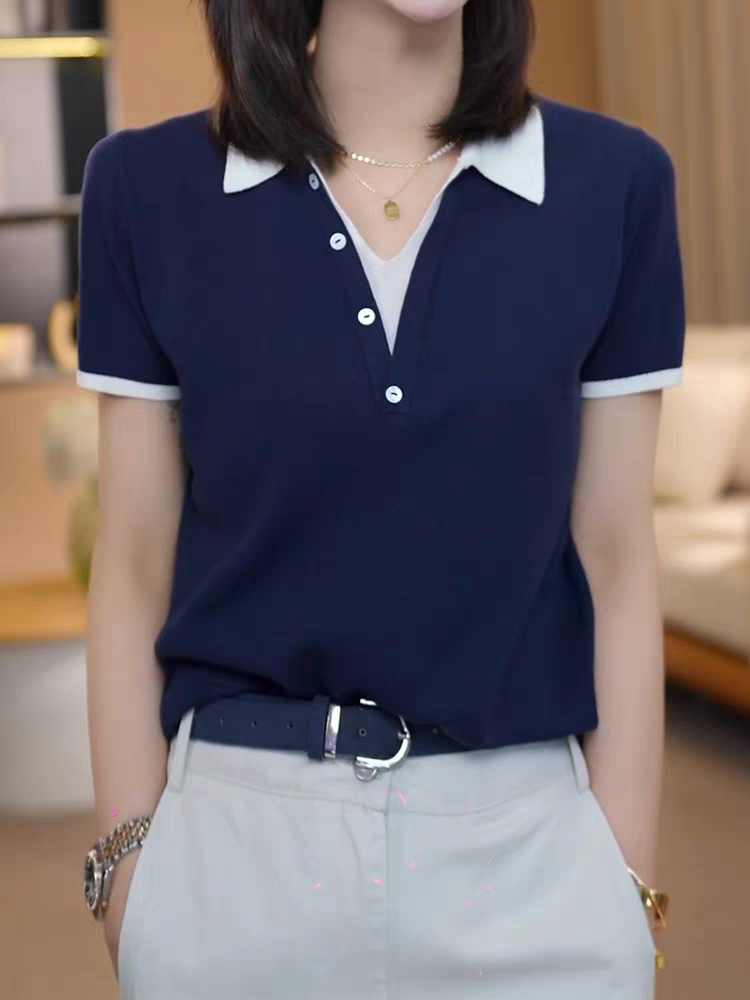 POLO 칼라 페이크 레이어드 반팔 니트 스웨터 여성 2026 여름 새로운 출퇴근 슬림해 보이는 배색 폴로 칼라 품격 맨위
