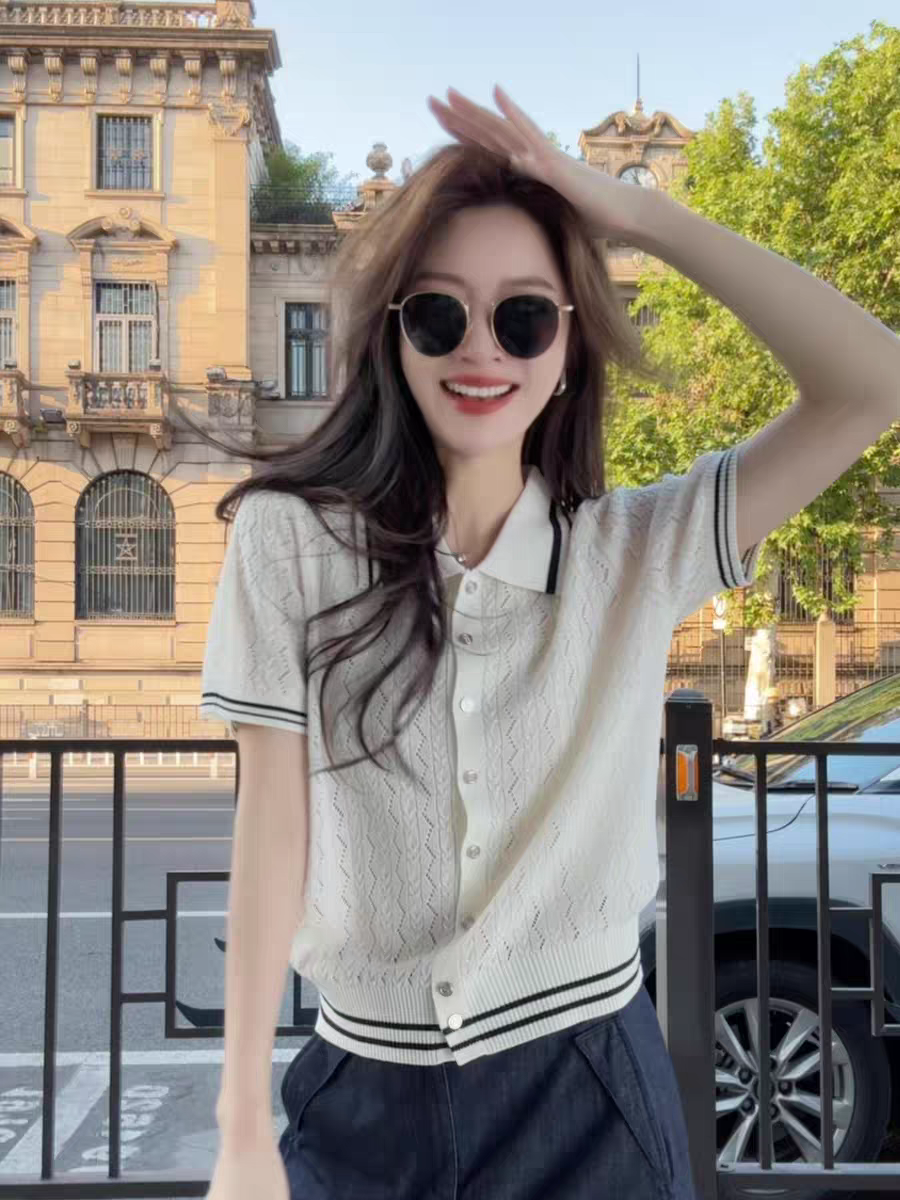 프랑스식 사소한 고급 POLO 칼라 얼음 실크 니트 오픈 가디건 여성 얇은 스타일 여름 외부 가져 가라. 고유 한 아름다운 반팔 맨위