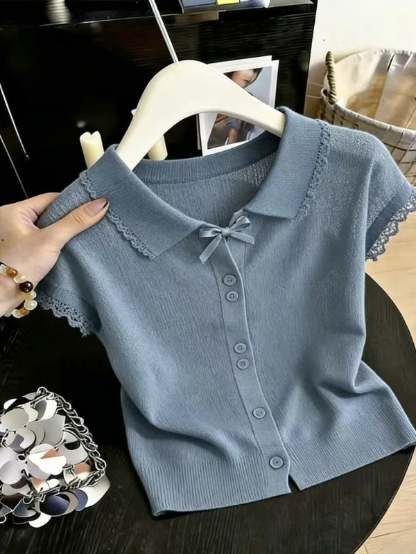 달콤함 배색 폴로 칼라 반팔 니트 스웨터 여성 여름 2026 단추 오픈 가디건 고유 한 Chic 작은 대중 맨위 새로운