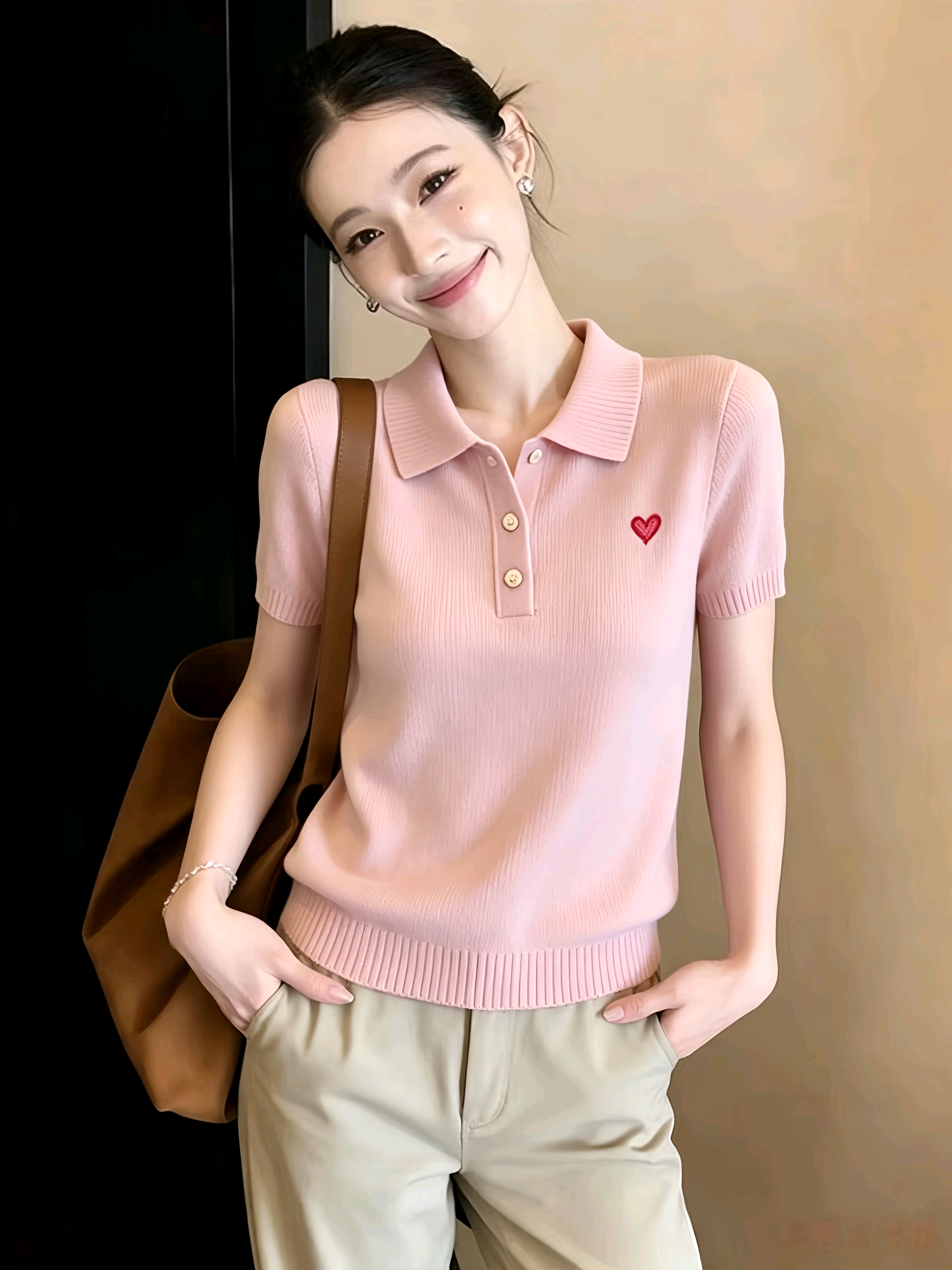 새로운 POLO 칼라 반팔 니트 티셔츠 여성 여름 하트 자수 슬림해 보이는 다용도 연령 감소 맨위