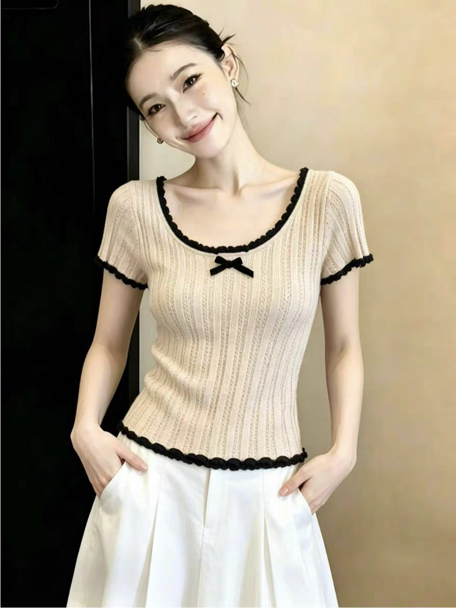 아메리칸 긍정적 인 어깨 배색 레이스 나비 아이싱 실크 니트 반팔 티셔츠 여성 여름 타이트 핫걸 쇼트 스타일 맨위