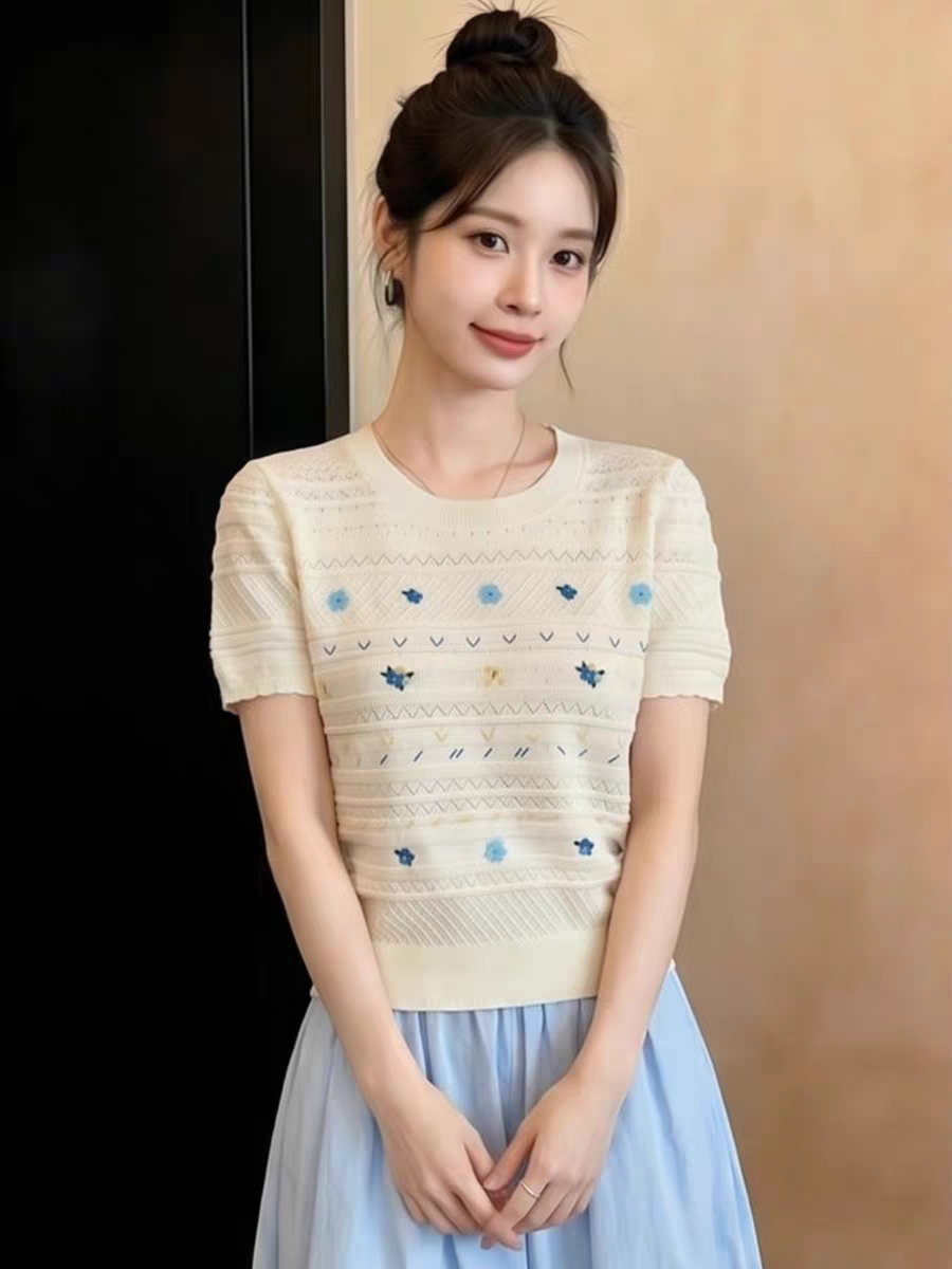 작은 청신 색상 자수 라운드 넥 반팔 니트 스웨터 티셔츠 여성 여름 슈퍼 잘 생긴 루즈핏 슬림해 보이는 다용도 맨위