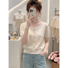 批发法式小资花边针织开<b class='q'>衫</b>短袖T恤女夏季淡人高知穿搭独特漂亮上衣薄