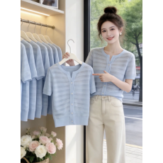 批发设计感蓝色针织开衫短袖<b class='q'>T</b><b class='q'>恤</b>女夏季2026新款时尚百搭洋气减龄上衣