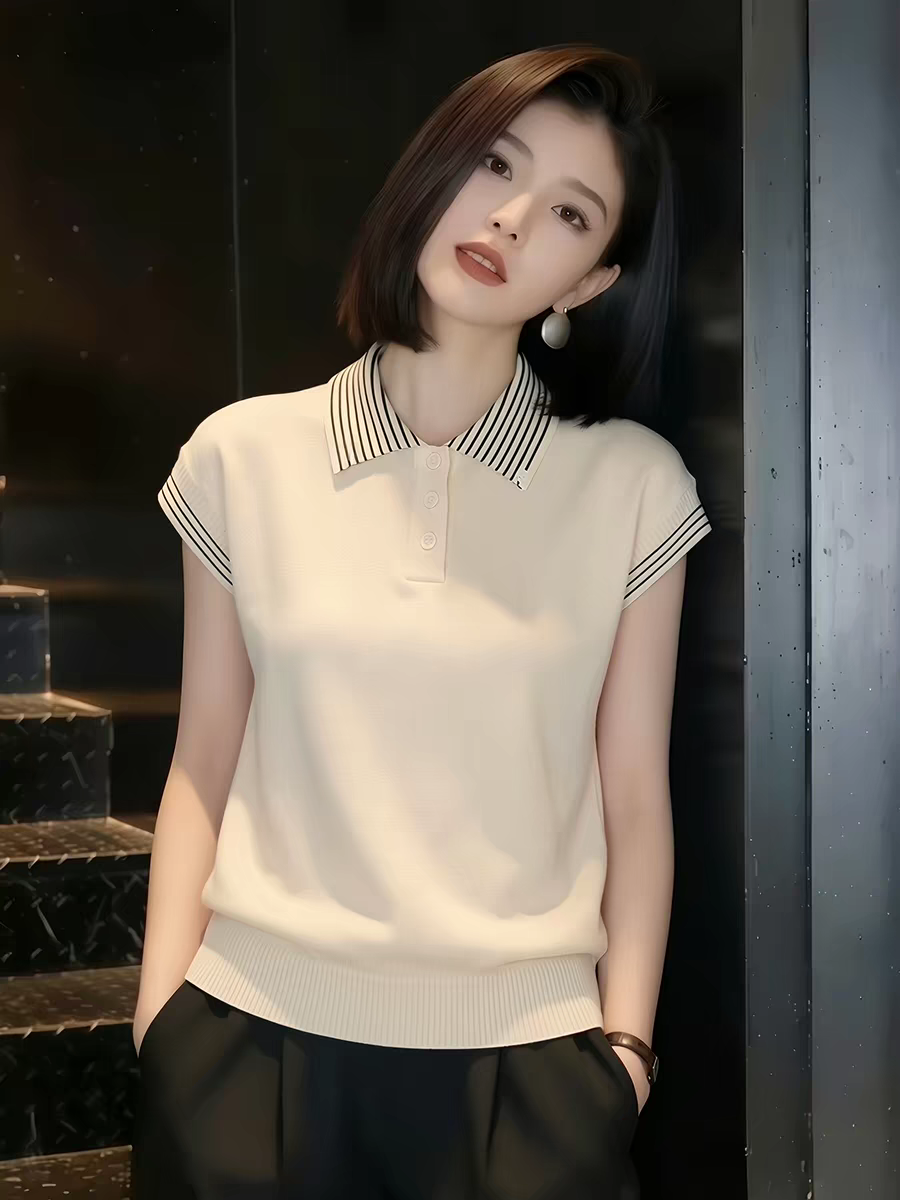 한 부서 POLO 칼라 니트 반팔 티셔츠 여성 여름 새로운 스트라이프 루즈핏 캐주얼 다용도 맨위 트렌디