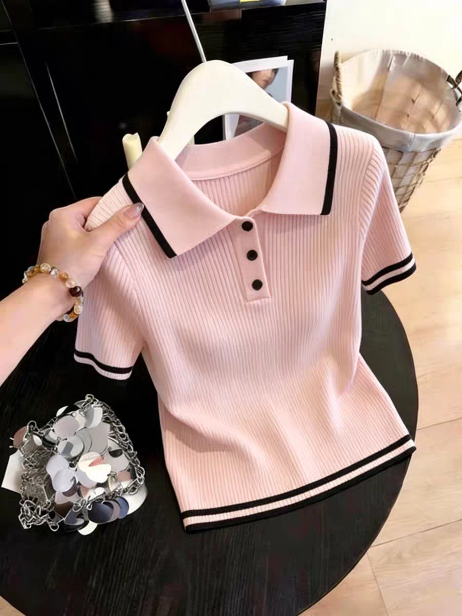 한 부서 부드러운 바람 핑크색 POLO 칼라 반팔 니트 스웨터 여성 여름 새로운 고유 한 아름다운 몸매 가꾸기 다용도 맨위