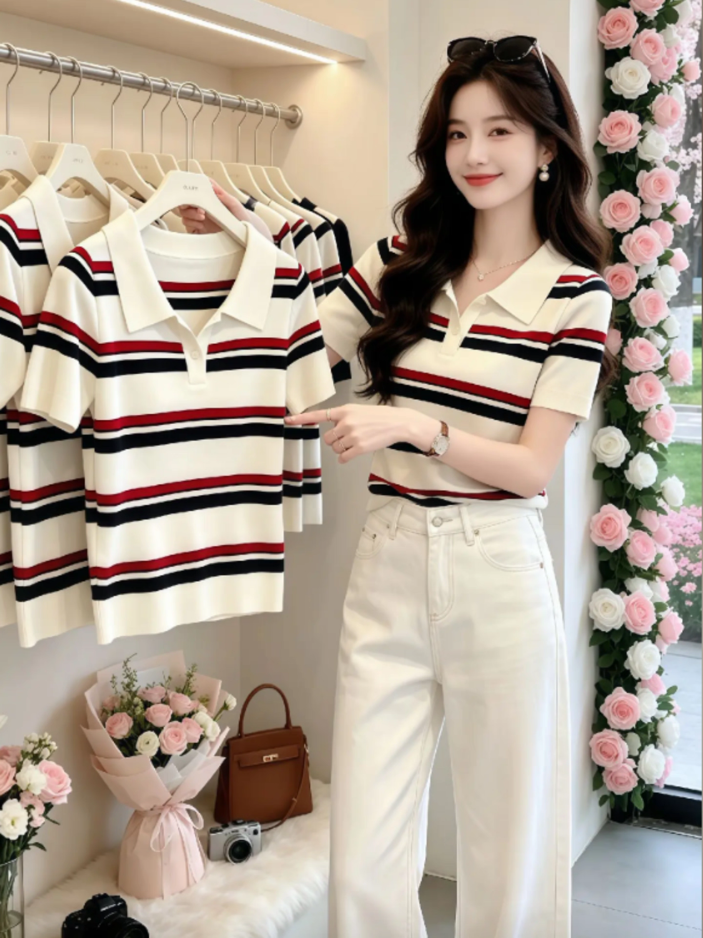루즈핏 슬림해 보이는 배색 스트라이프 POLO 칼라 반팔 티셔츠 여성 여름 연령 감소 폴로 칼라 맨위