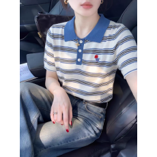 批发蓝色polo领宽松韩系穿搭短袖T恤女装2026<b class='q'>夏</b>季设计感独特漂亮上衣