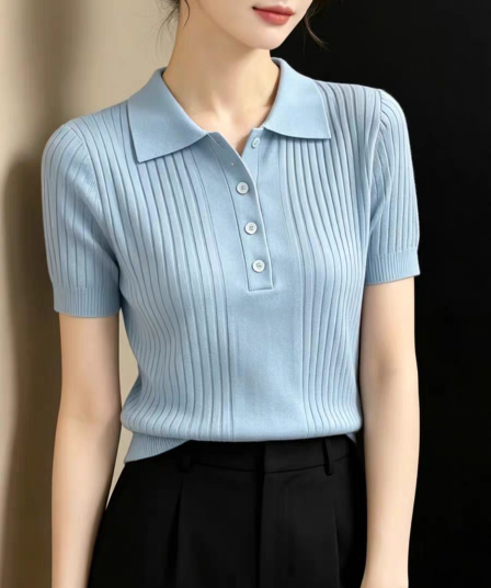 여름 새로운 POLO 칼라 니트 반팔 티셔츠 품격 슬림해 보이는 오래된 돈 바람 니트 스웨터 기본 셔츠