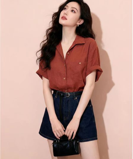 고급 센스 분위기 센스 아마 바람 폴로 칼라 반팔 셔츠 여름 느슨함 센스 루즈핏 디자인 센스 작은 대중 단추 맨위