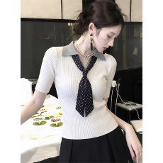 批发复古撞色翻领假两件<b class='q'>中袖</b>针织衫女夏季小众高级老钱风修身显瘦上衣