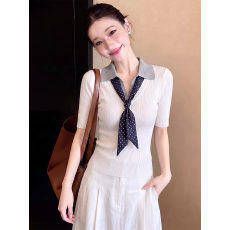 批发复古撞色翻领假两件<b class='q'>中袖</b>针织衫女夏季小众高级老钱风修身显瘦上衣