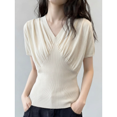 批发薄款<b class='q'>针织</b>V领正肩短袖T恤女2026夏季新款大码胖mm通勤小衫气质上衣